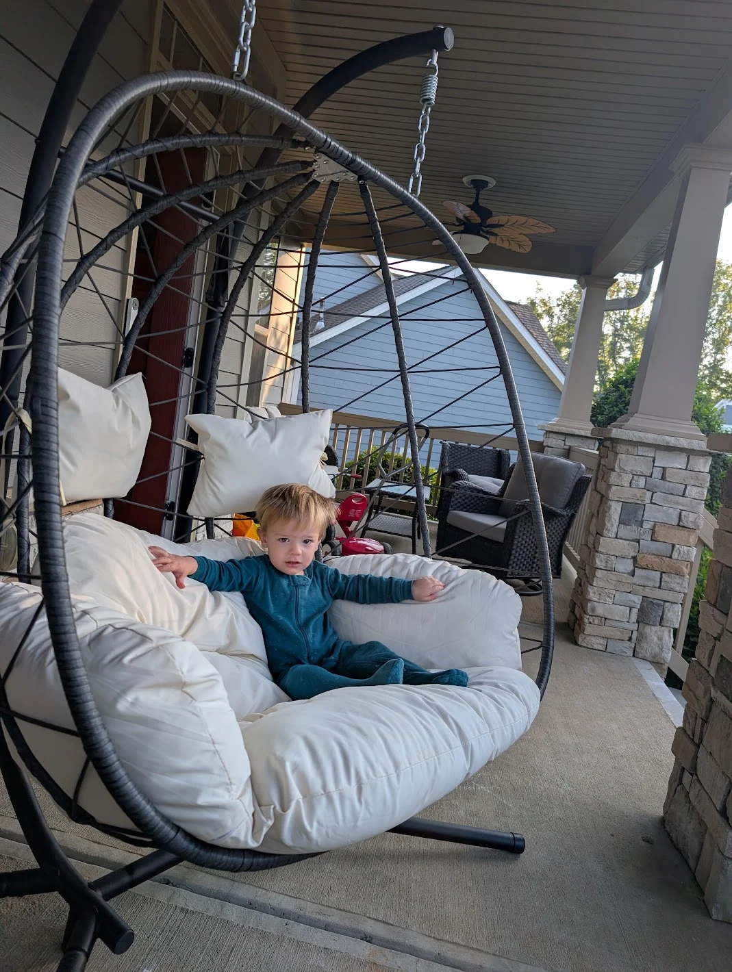 Kiddos enjoyed the egg chair this morning while I was out playing disc golf and bringing back some Dunkin' for breakfast!