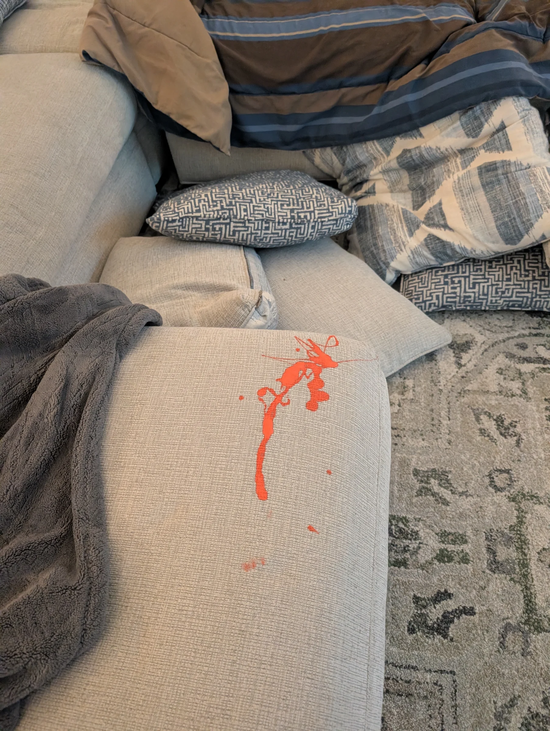 Had our first possibly-irreversible stain from a kid today playing with nail polish while we were getting ready for family pictures. Glad it was fairly self-contained despite the color choice! Otherwise Christmas Kids program practice was good, family pictures went well, and pizza night was tasty as usual!