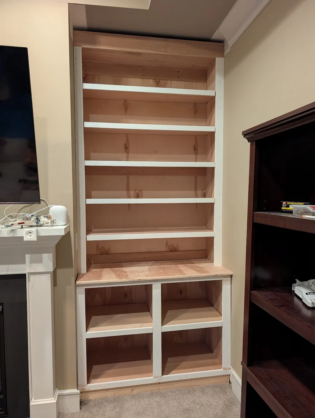 Finished face frames and main bookshelf this evening! I'm so happy with how it's turning out. Still have to build the other entire side now and then add trim, paint, wallpaper, but we're getting there!